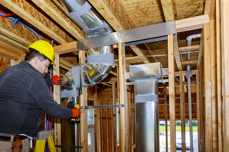 Contractor inspecting ductwork