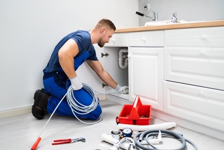 Male plumber cleaning a pipe under a sink with tools.