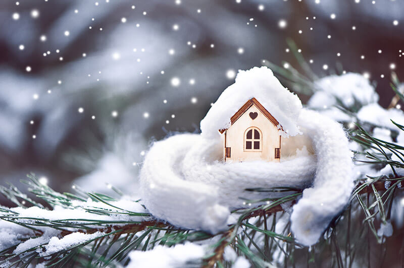House wrapped in white scarf sitting on Christmas tree branch with snow in the background