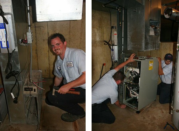 Set of two images showcasing Robert Bair employees repairing a residential heating unit