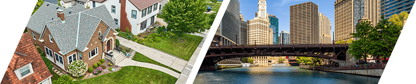 Suburban House and Downtown Chicago Split Image